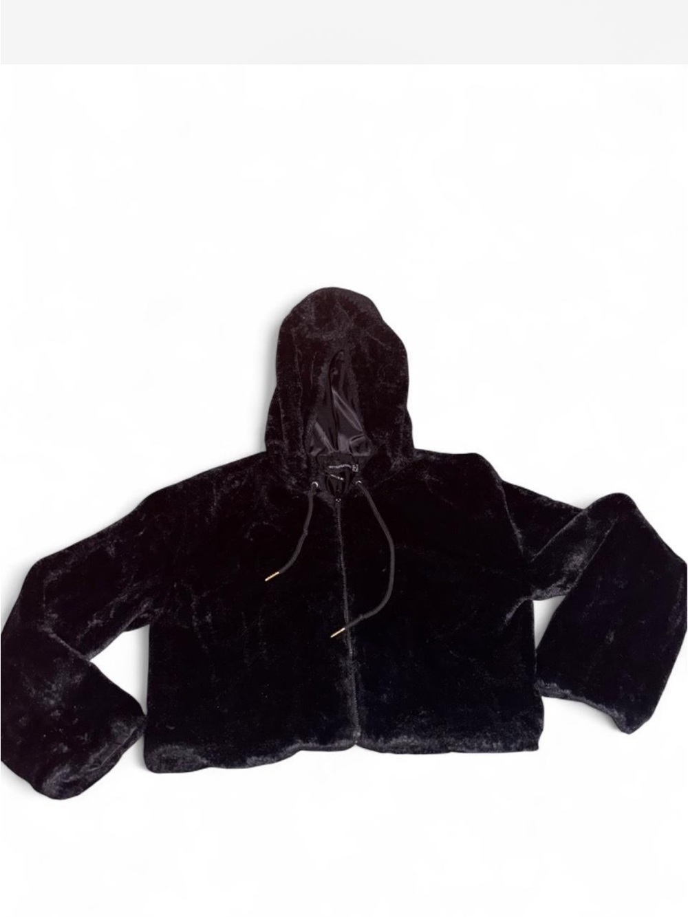 PrettyLittleThing Black Faux Fur Cropped Hooded Puffer Jacket